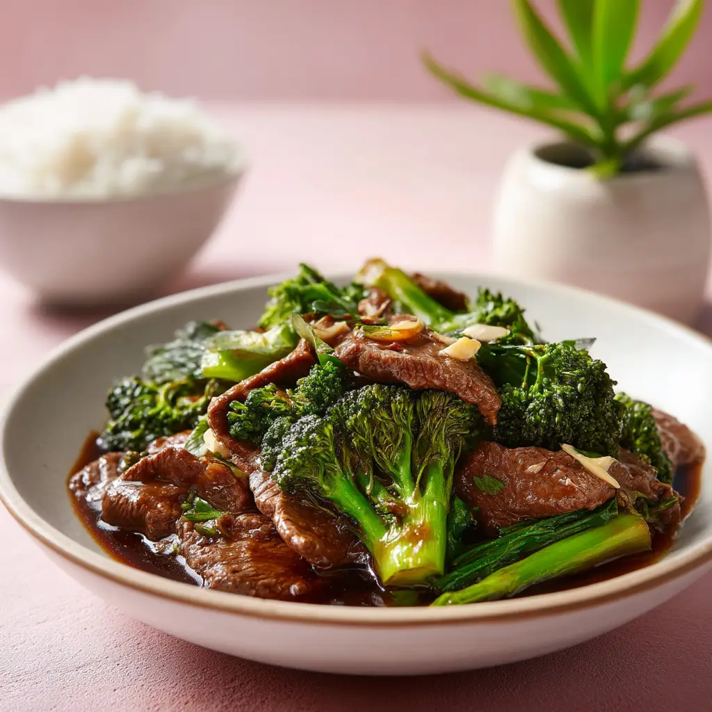 A serving of the homemade beef and broccoli recipe over a bed of fluffy white rice in a ceramic bowl.