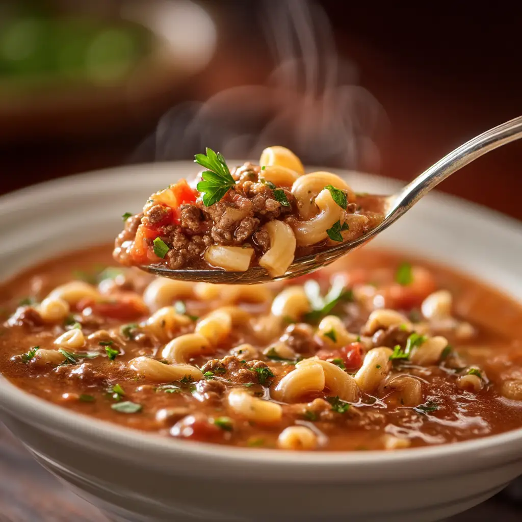 A spoonful of old-fashioned beef and macaroni soup being lifted from a bowl, showcasing the rich tomato broth and ingredients.