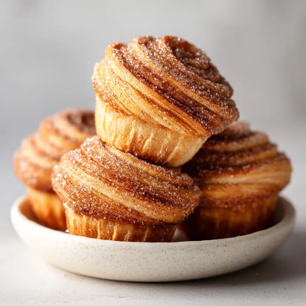 An extreme close-up of several perfectly baked Churro Cruffins, highlighting their golden, flaky layers and sparkling cinnamon-sugar coating.