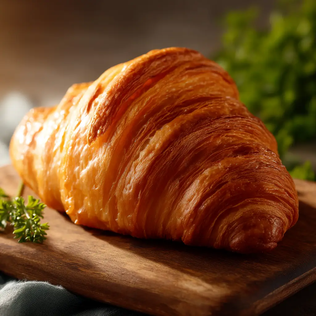 Another angle of a perfectly baked homemade croissant, with a soft, airy interior visible. This shows the ideal honeycomb crumb.