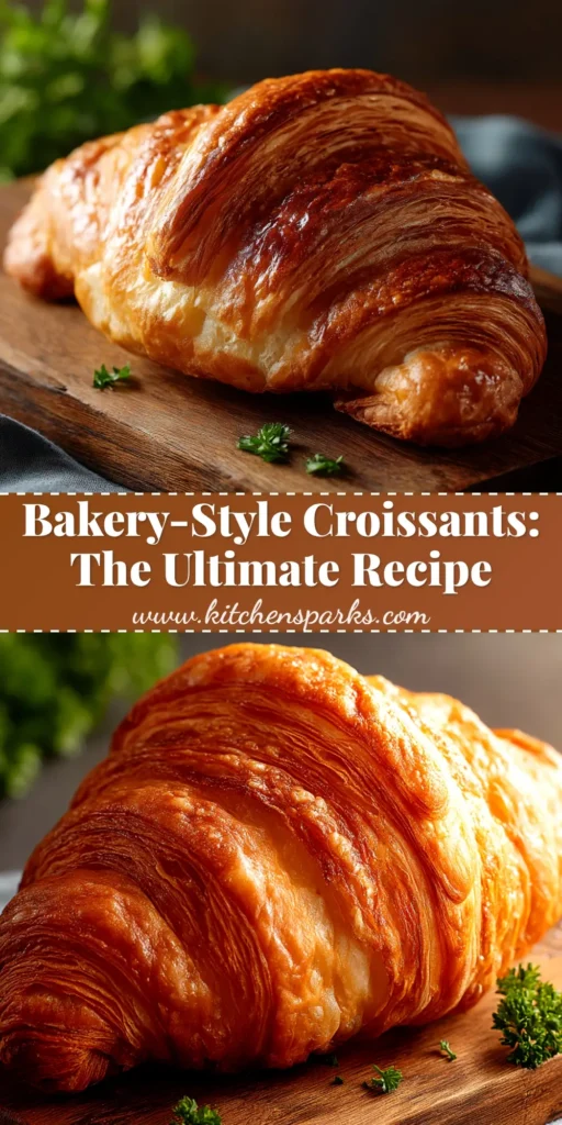 A stack of perfectly golden and flaky homemade croissants on a wooden board, showcasing their buttery layers. This is the ultimate guide to making classic croissants from scratch.