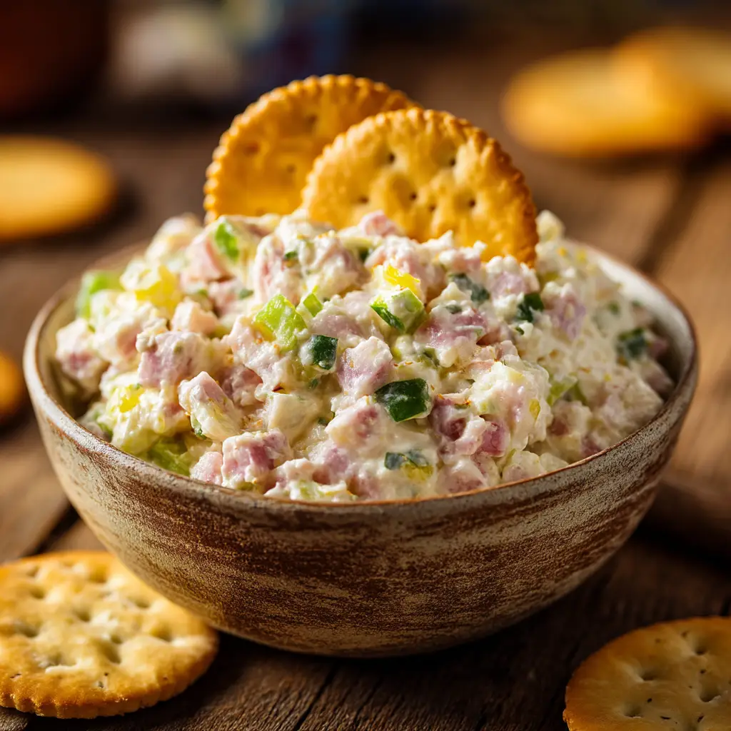 A rustic bowl filled with creamy, chunky homemade ham salad, garnished with fresh herbs. The perfect leftover ham recipe.