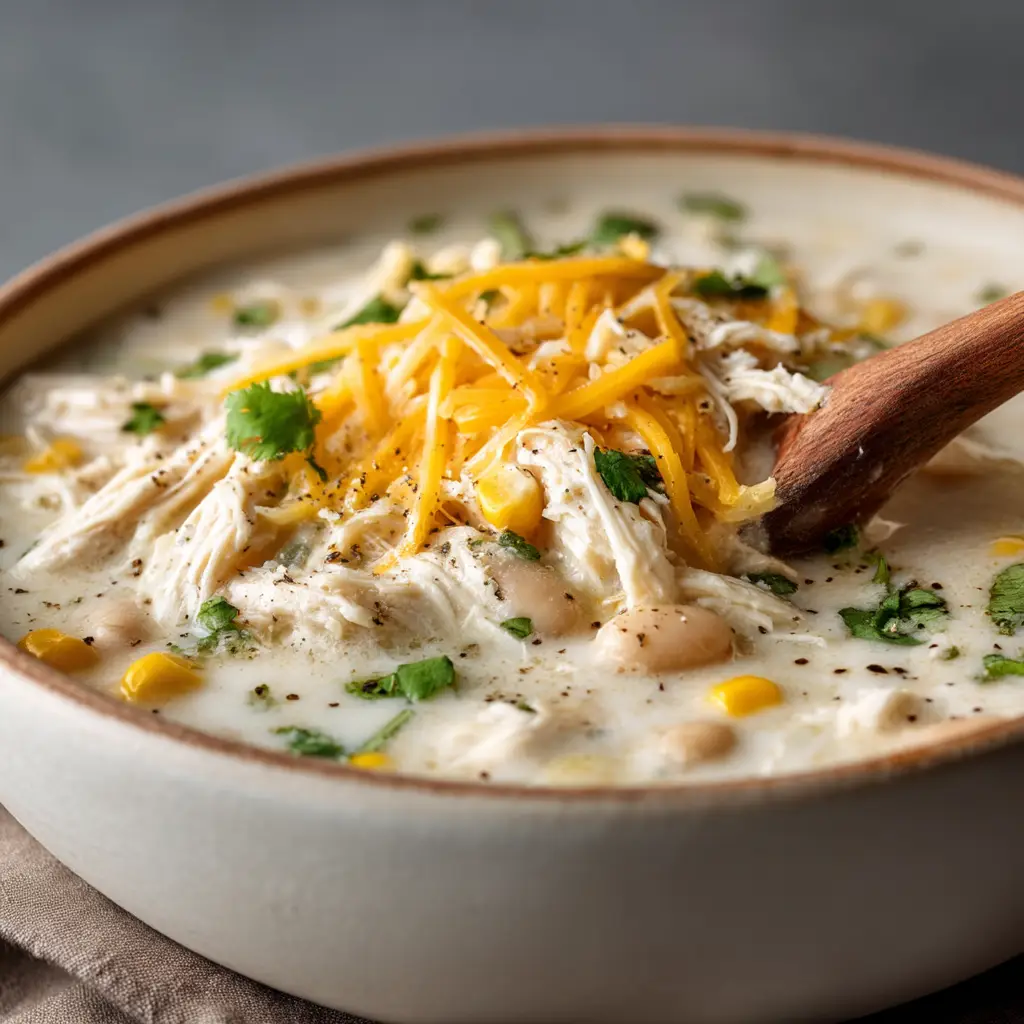 A spoonful of homemade white chicken chili being lifted from a bowl, garnished with fresh toppings.