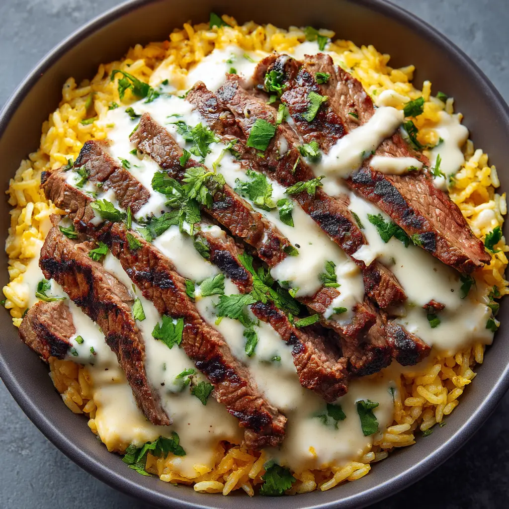 A bowl of creamy, homemade white queso sauce, ready to be poured over the steak and rice bowl.