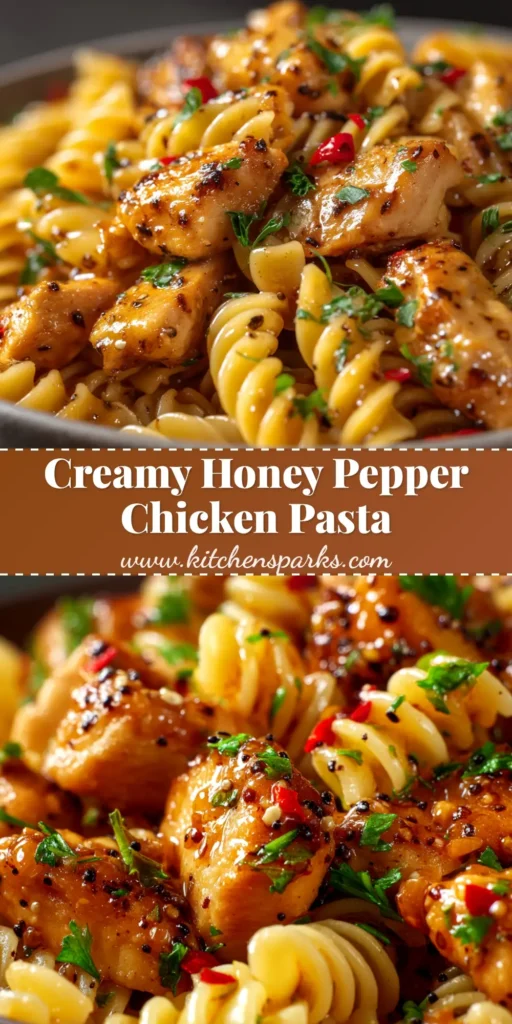 A stunning overhead shot of Honey Pepper Chicken Pasta in a white bowl, garnished with fresh herbs. The sweet and spicy pasta is perfect for Pinterest.