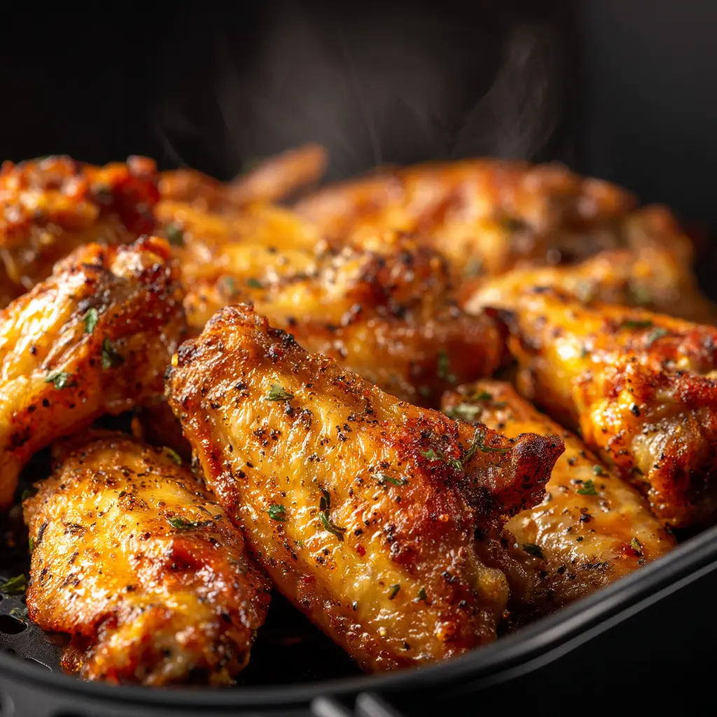 A batch of seasoned chicken wings arranged in a single layer inside an air fryer basket before cooking.