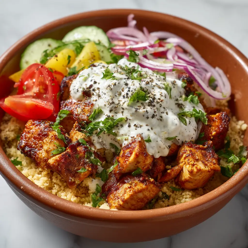 The process of assembling the Moroccan chicken bowl, with toppings like chickpeas, apricots, and almonds being added to the couscous and chicken.