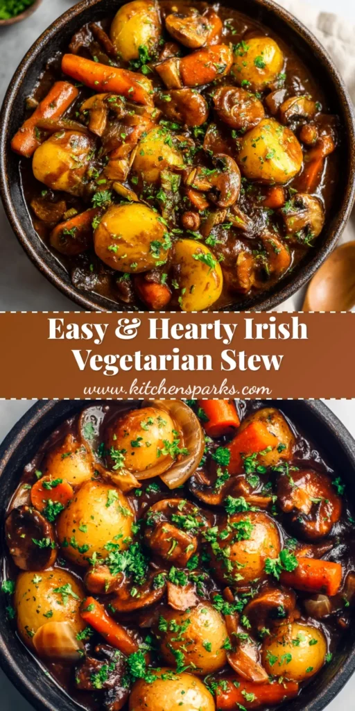 A beautiful bowl of rich and hearty Irish Vegetarian Stew, garnished with fresh parsley. This meatless stew is packed with potatoes, carrots, mushrooms, and a savory Guinness-infused broth.