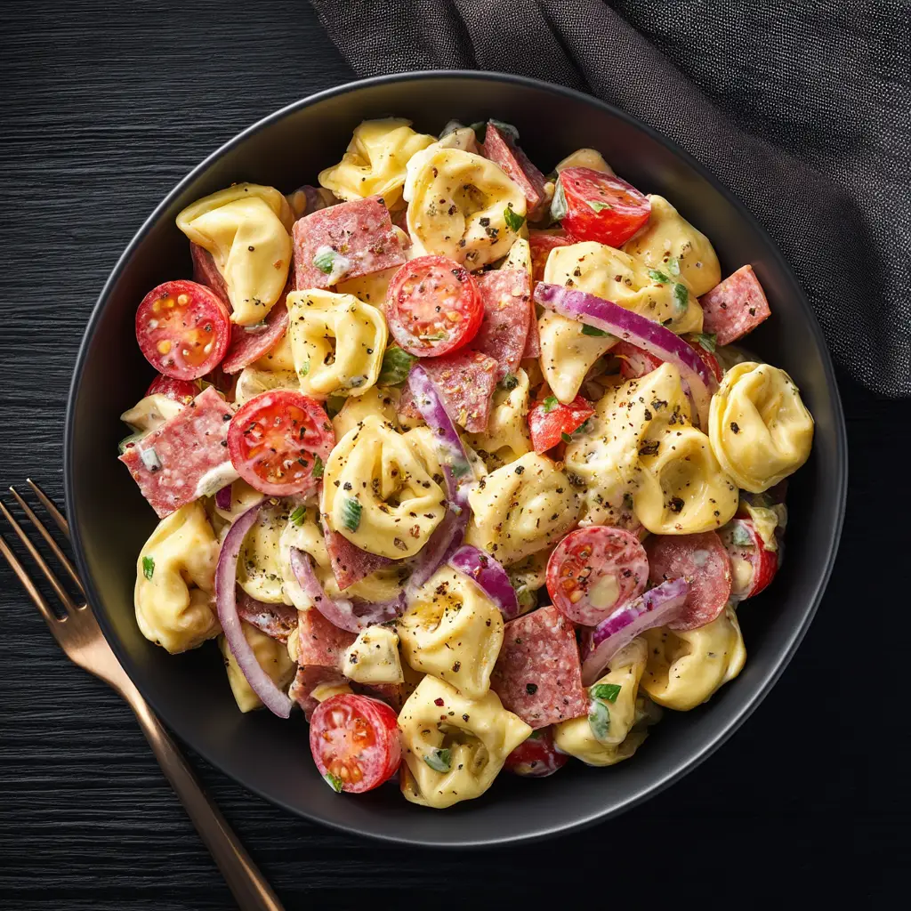 A close-up shot of the Italian Grinder Tortellini Salad, highlighting the cheese tortellini, salami, and creamy dressing.