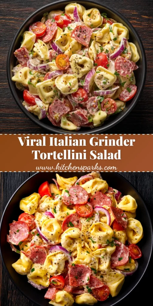 A large bowl of Italian Grinder Tortellini Salad with creamy dressing, pepperoni, salami, and fresh vegetables, ready to be served.