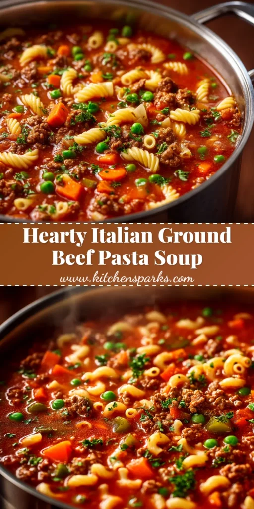 A large white bowl filled with hearty Italian Ground Beef Pasta Soup, topped with fresh parsley and parmesan cheese, ready to be eaten.