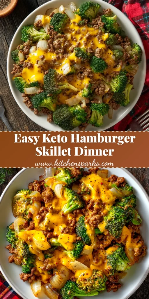 A close-up overhead shot of the finished Keto Hamburger Broccoli Skillet in a cast-iron pan, showing melted cheese over ground beef and broccoli.