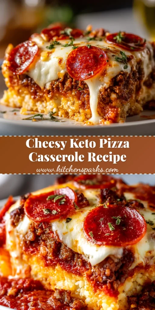 A delicious slice of Keto Pizza Casserole on a white plate, showcasing layers of sausage, sauce, and melted mozzarella cheese with pepperoni on top. The perfect low-carb dinner idea.