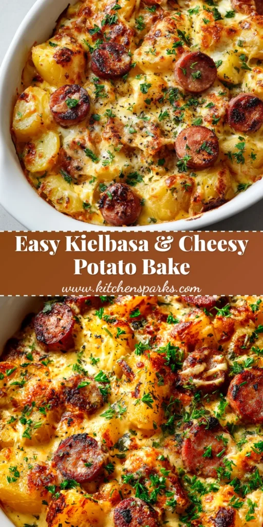 A top-down view of a golden-baked Kielbasa and Potato Casserole in a white baking dish, ready to be served. The cheesy top is bubbly and browned.