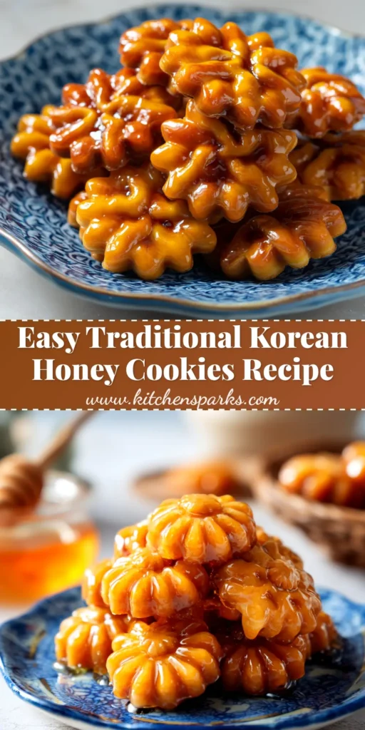 A beautiful stack of authentic Korean Honey Cookies (Yakgwa) on a rustic plate, glistening with honey syrup and garnished with pine nuts.