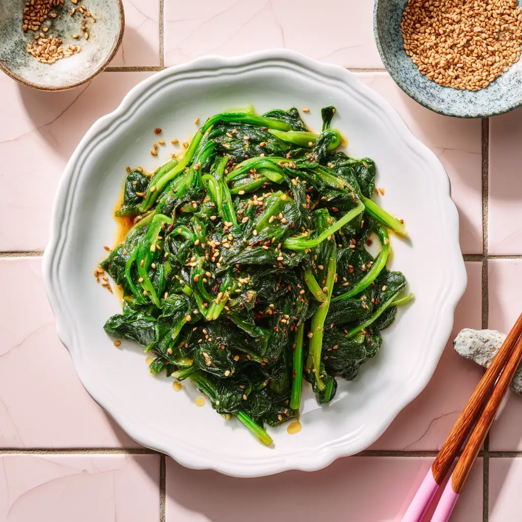 A wider overhead shot of the Korean Spinach Side Dish served as part of a traditional Korean meal (banchan) with rice and other small plates.