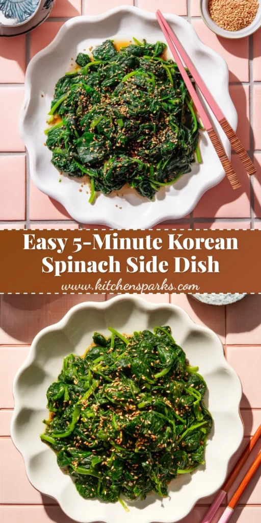 An overhead shot of a classic Korean Spinach Side Dish (Sigeumchi Namul) in a small white bowl, garnished with toasted sesame seeds. The vibrant green spinach is ready to be served.