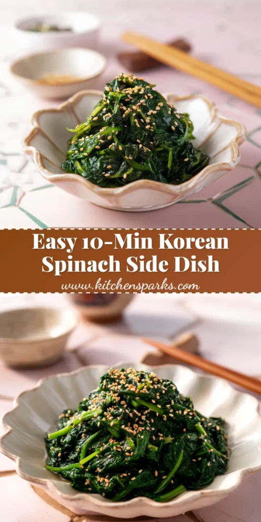 A close-up of a vibrant Korean spinach side dish (Sigeumchi Namul) in a small white bowl, topped with toasted sesame seeds. The perfect healthy and easy banchan recipe.