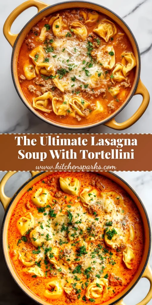 A close-up shot of a white bowl filled with hearty Lasagna Soup Recipe, topped with a dollop of ricotta cheese and fresh basil.