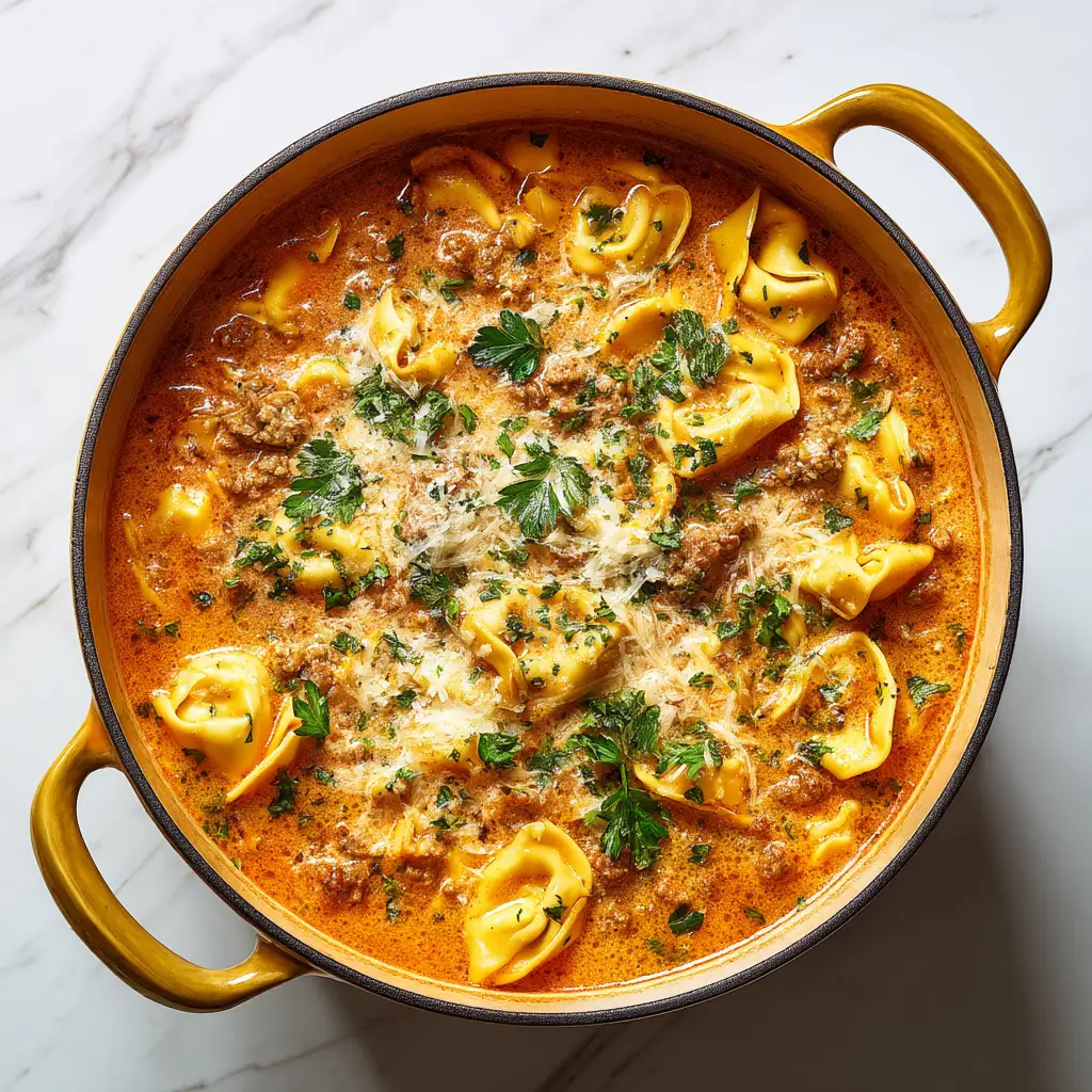 A scoop of creamy ricotta cheese topping being added to a bowl of homemade lasagna soup, with fresh basil garnish.