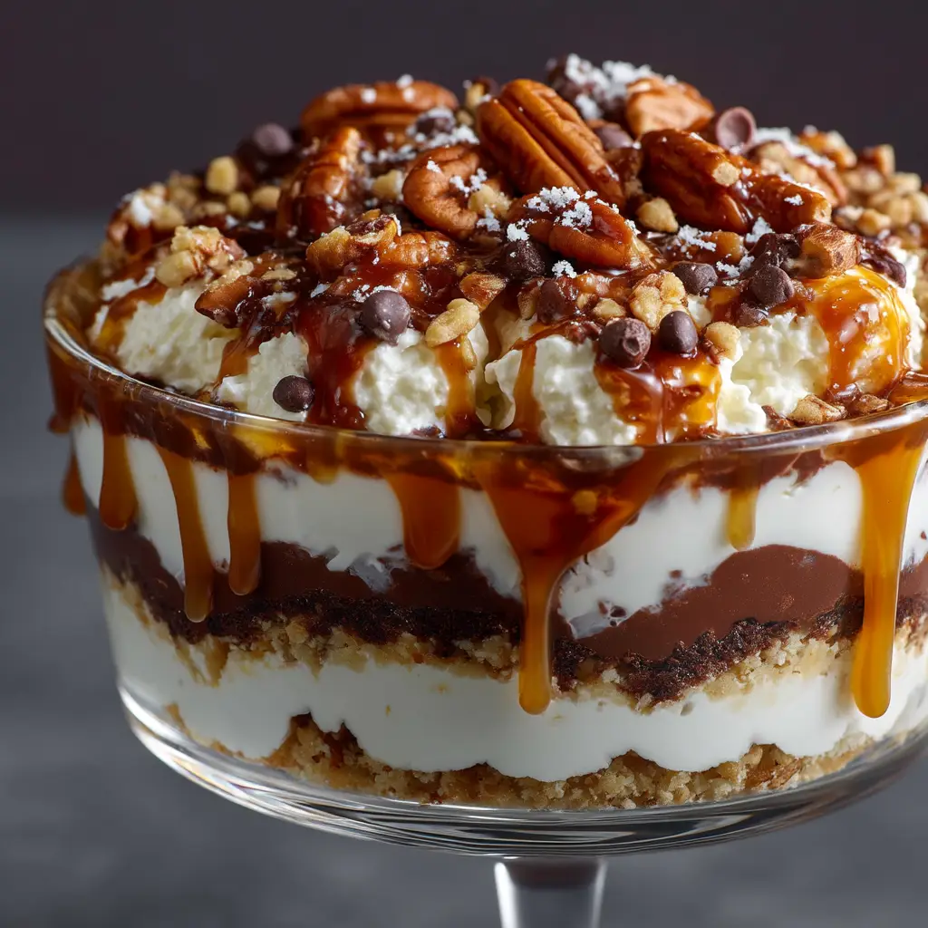 A 9x13 inch pan of layered caramel dessert with an Oreo crust, topped with pecans and chocolate, ready to be served to a crowd.