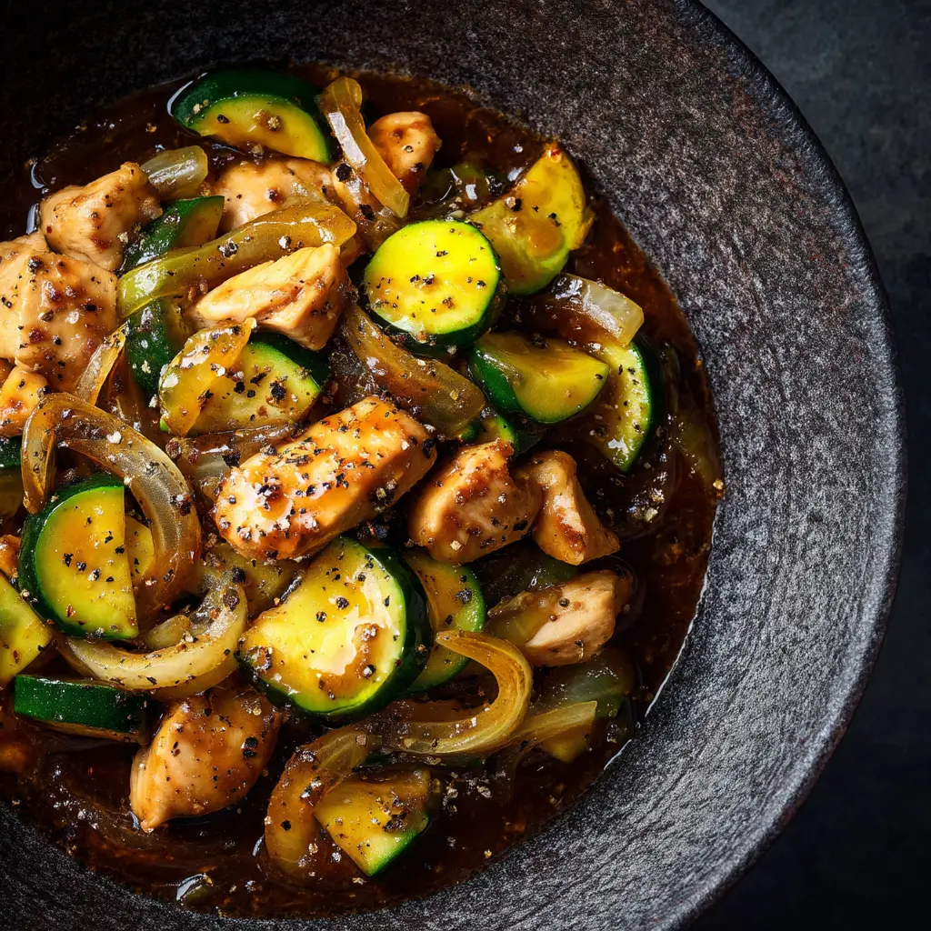 A step-by-step action shot of chicken and zucchini being stir-fried in a hot pan, demonstrating the cooking process for this easy recipe.