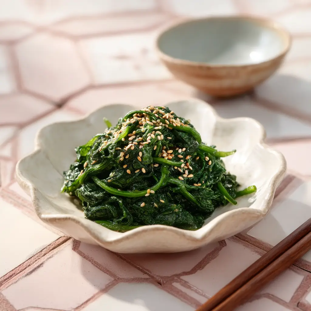A process shot showing the Korean spinach side dish being gently mixed with seasonings like garlic and sesame oil in a bowl.