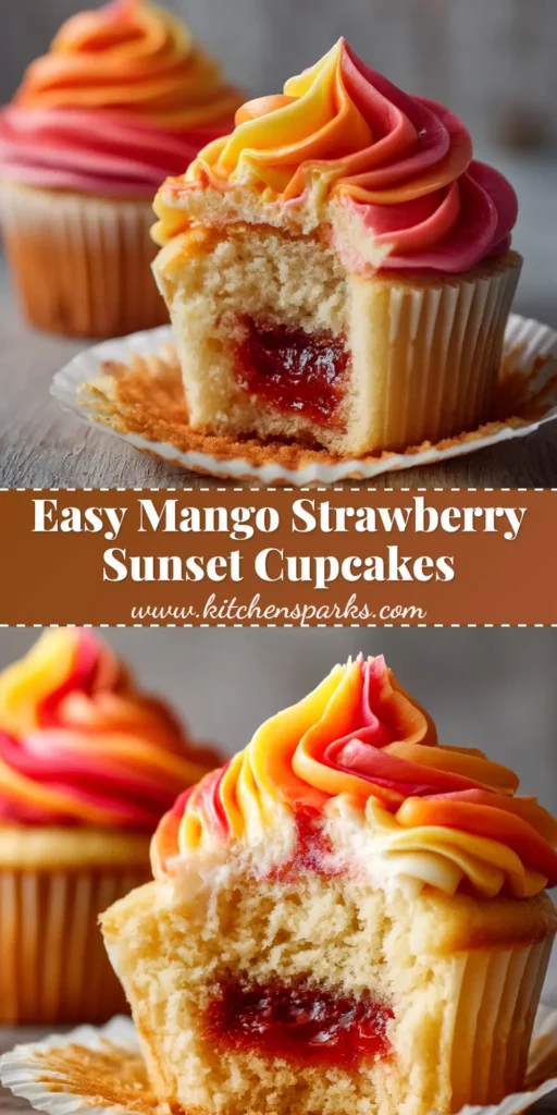 A beautiful Mango Strawberry Sunset Cupcake with two-tone swirled frosting on a white plate. The perfect summer dessert recipe.