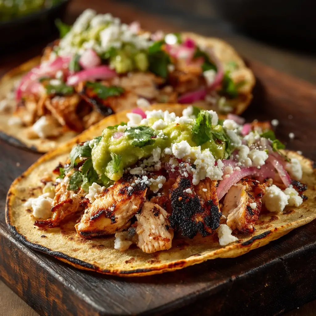 A plate of several finished chicken street tacos ready to be served, garnished with cilantro and onion. The best recipe for marinated chicken tacos.