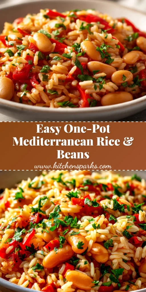A vibrant bowl of Mediterranean rice and beans topped with feta cheese, Kalamata olives, and fresh parsley. The perfect healthy and easy weeknight meal.
