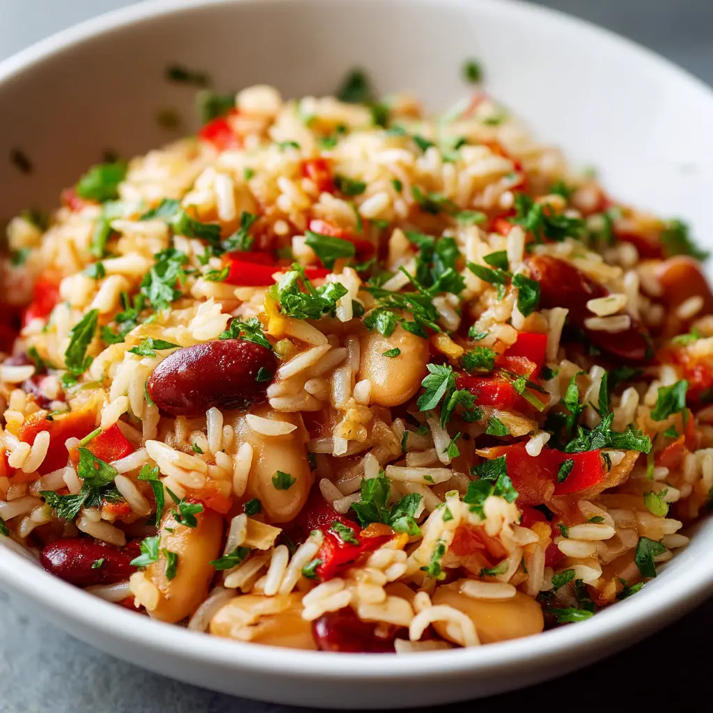 A beautiful overhead view of the Mediterranean rice and beans in a white bowl, ready to be served, garnished with feta and olives.