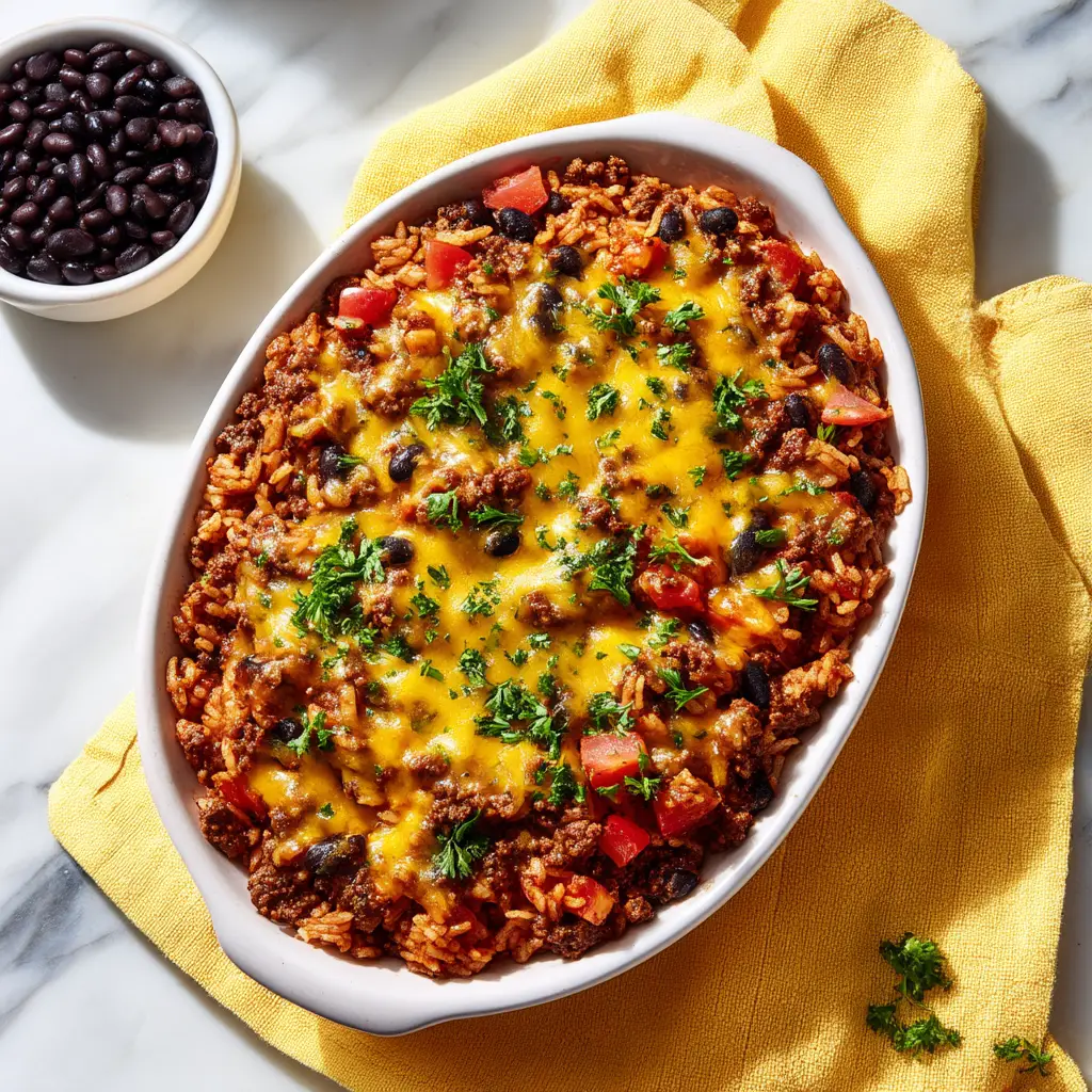 The ingredients for Mexican ground beef casserole laid out, including ground beef, cheese, beans, corn, and enchilada sauce.