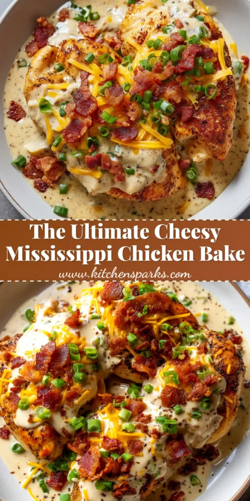 A pan of delicious Mississippi Mud Chicken, with melted cheddar cheese, crispy bacon, and fresh green onions on top. The chicken is smothered in a rich, dark sauce.