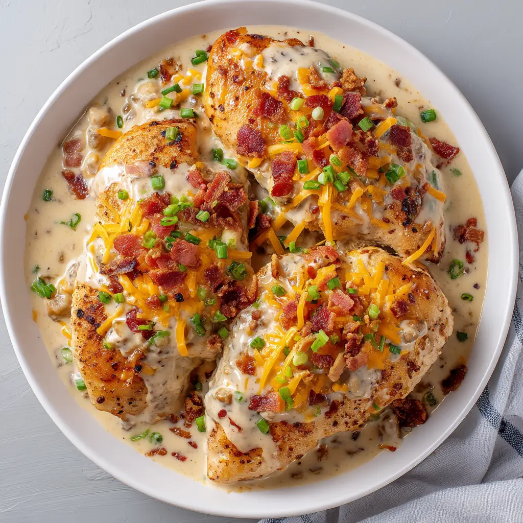 A serving of smothered chicken on a plate, showcasing the layers of sauce, melted cheese, and bacon in the Mississippi Mud Chicken.
