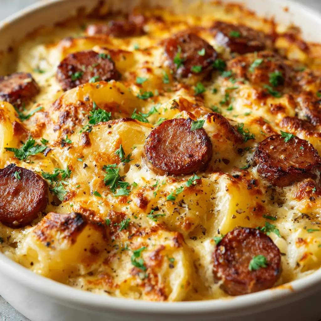 The Kielbasa and Potato Casserole being mixed in a large bowl before baking, showing the creamy cheese sauce coating every piece.