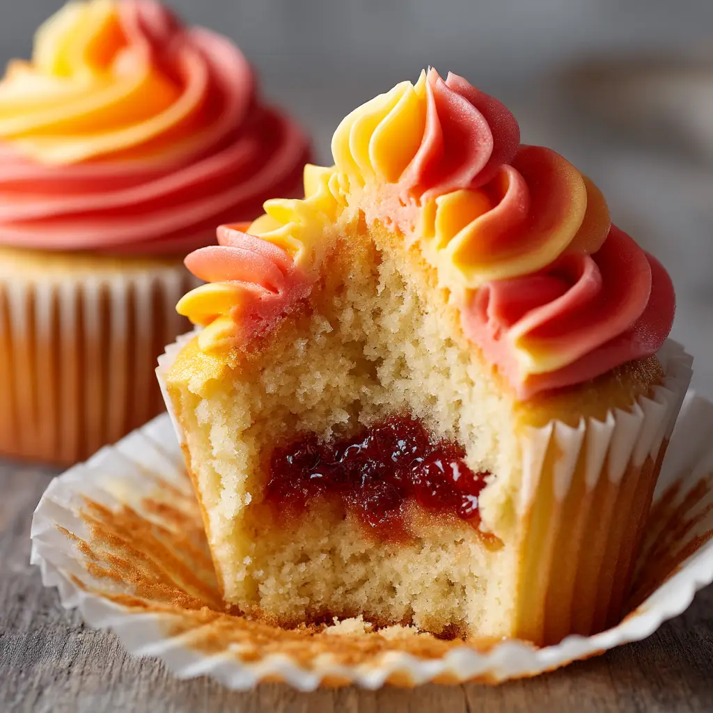 A close-up of a moist mango cupcake, showing its tender and fluffy texture before frosting.