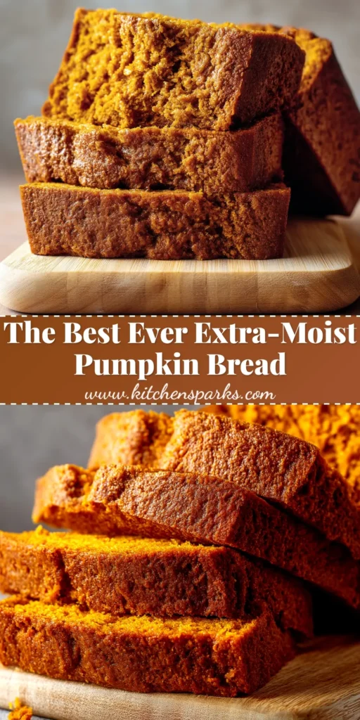 A perfectly baked loaf of moist pumpkin bread with a slice cut out, sitting on a wooden board. This is the ultimate moist pumpkin bread recipe.