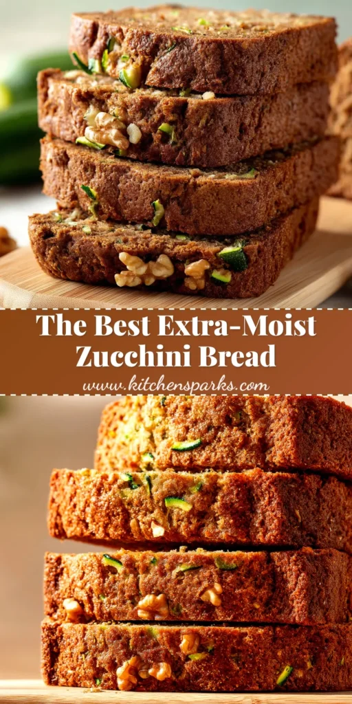 A beautiful hero shot of a perfectly baked loaf of zucchini bread with a slice cut out, showcasing the incredibly moist crumb. This pin represents the ultimate moist zucchini bread recipe.