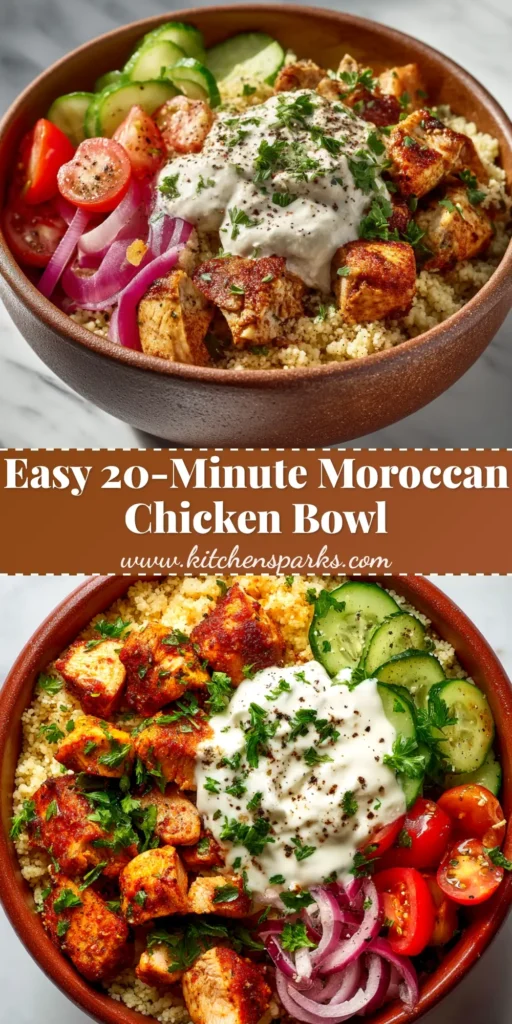 A beautiful and vibrant Moroccan Chicken Couscous Bowl, packed with authentic spices, chickpeas, and fresh herbs. The perfect easy and healthy dinner recipe.
