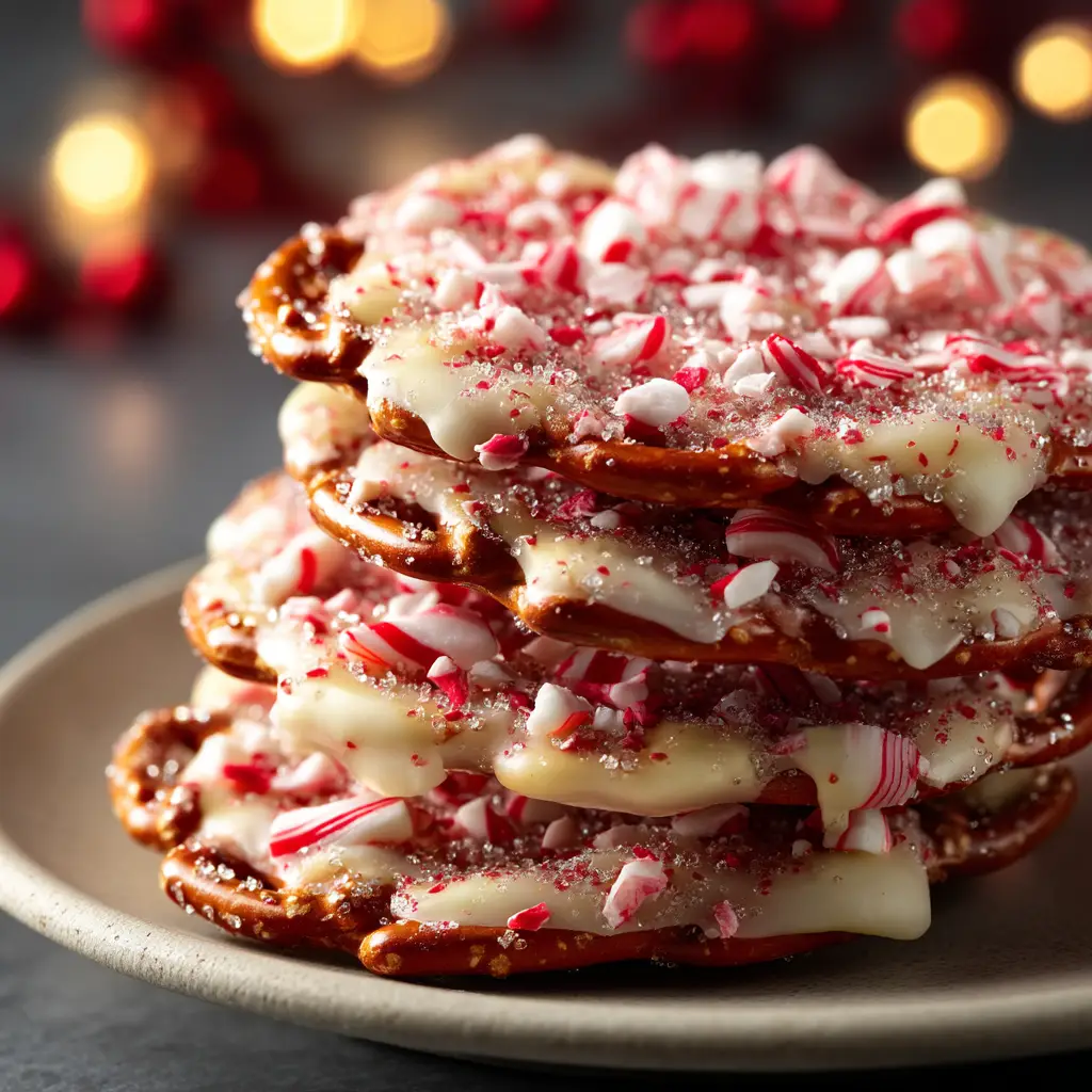 A beautiful stack of finished white chocolate peppermint pretzels ready for serving. This showcases the easy no-bake holiday treat.
