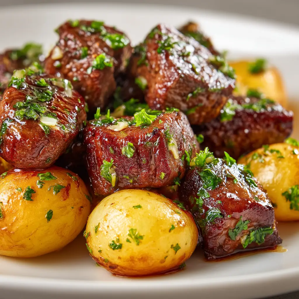 A skillet filled with crispy golden potatoes and seared garlic steak bites, garnished with fresh herbs, showcasing the complete one-pan meal.