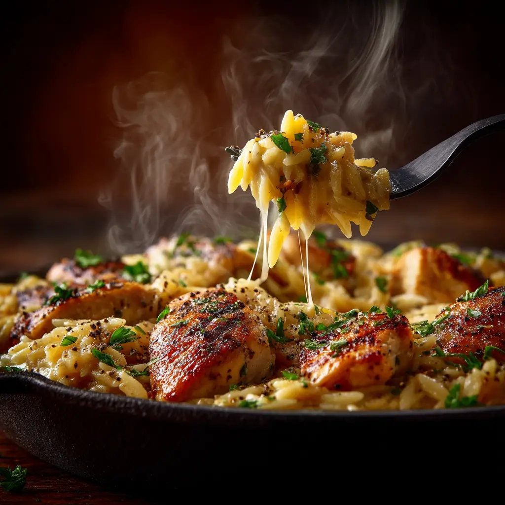 A spoonful of one-pot Cajun chicken orzo being lifted from a pan, showing the creamy consistency and ingredients.