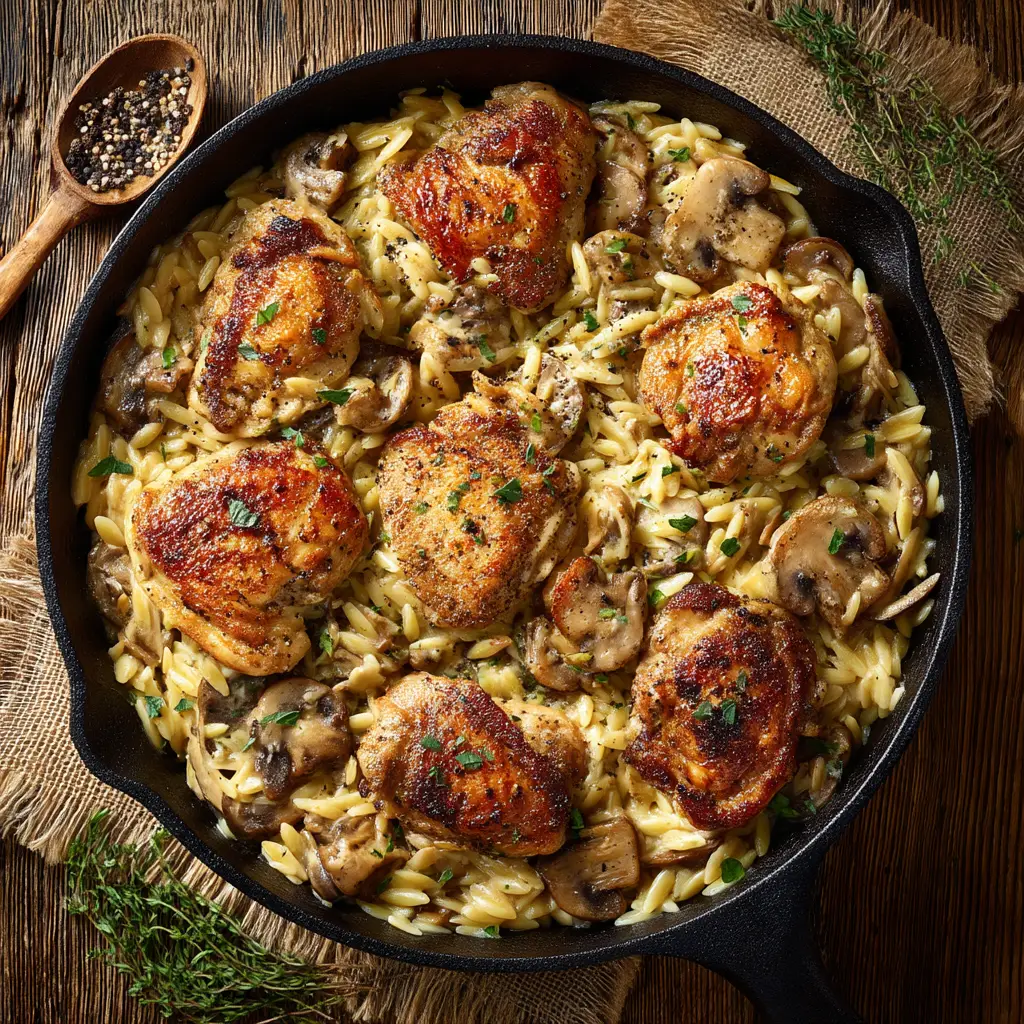 The one-pot chicken orzo simmering in a large skillet, with all the ingredients cooking together to create a rich and flavorful sauce.