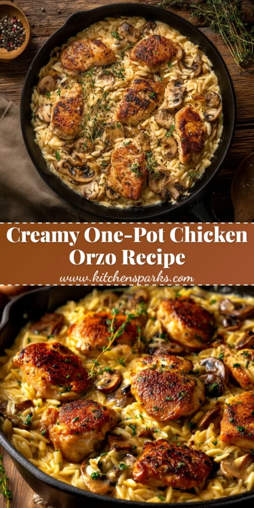 A close-up shot of creamy one-pot chicken orzo in a skillet, garnished with fresh parsley and Parmesan cheese. The perfect easy weeknight dinner recipe.