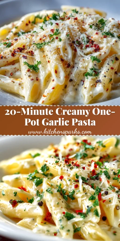 A large white bowl filled with One Pot Creamy Garlic Pasta, garnished with fresh parsley. The perfect quick and easy weeknight dinner recipe.