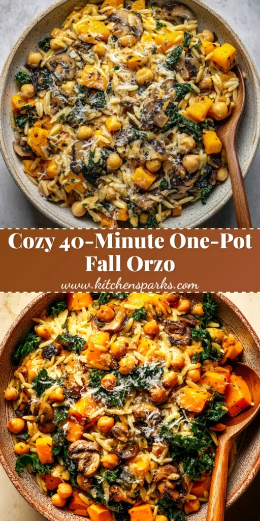 A top-down view of a skillet filled with creamy One Pot Fall Vegetable Orzo, garnished with fresh herbs. The perfect easy autumn dinner recipe.
