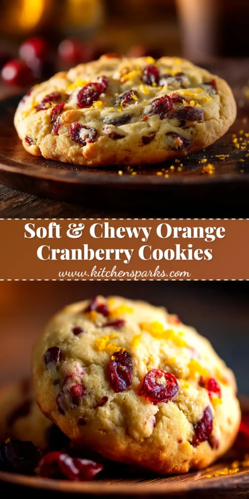 An overhead shot of soft and chewy orange cranberry cookies on a cooling rack, with fresh oranges and cranberries scattered around. The perfect orange cranberry cookies recipe.