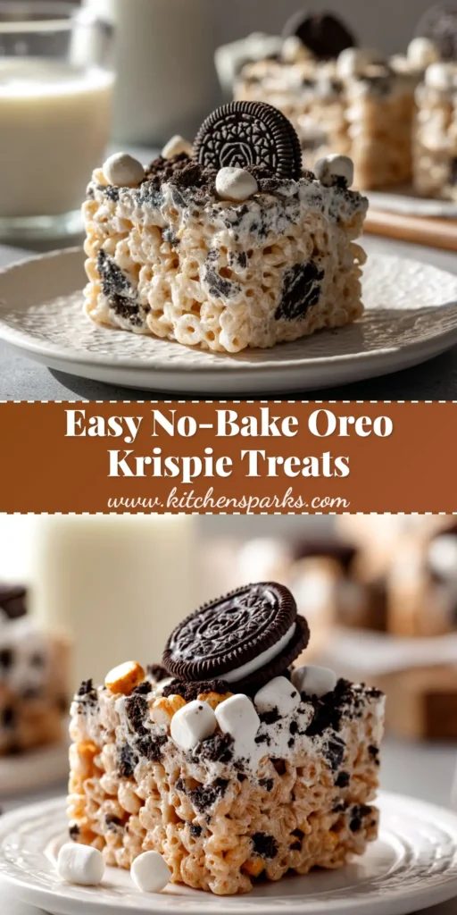 A delicious stack of homemade Oreo Krispie Treats on a white plate, showcasing the cookies and cream texture. The ultimate no-bake dessert recipe.