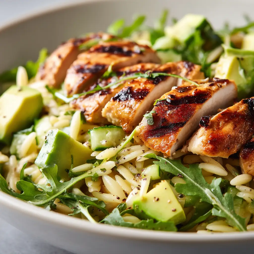 A detailed macro photograph showing the individual grains of cooked orzo pasta mixed with chopped fresh vegetables for the summer pasta salad.