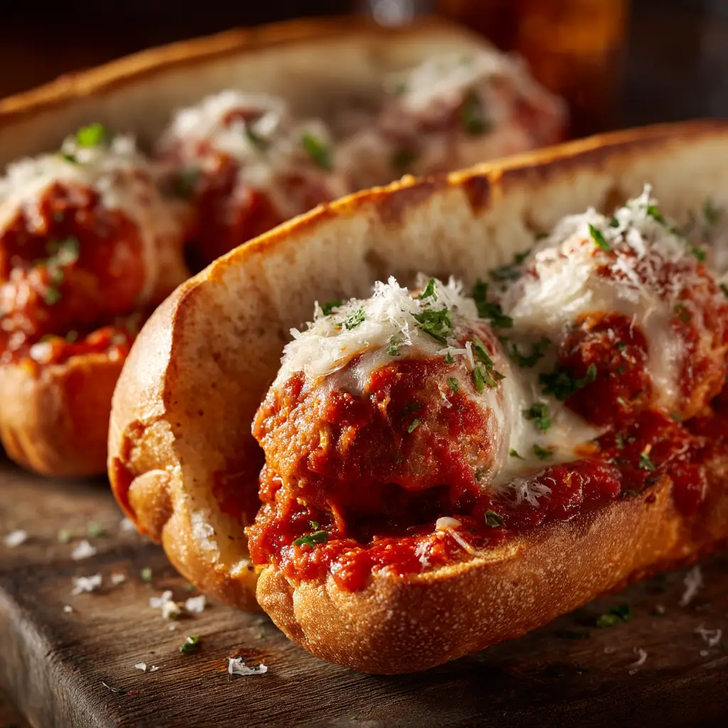 Two finished cheesy meatball sandwiches on a wooden board, showcasing the golden-brown melted provolone cheese over saucy meatballs.